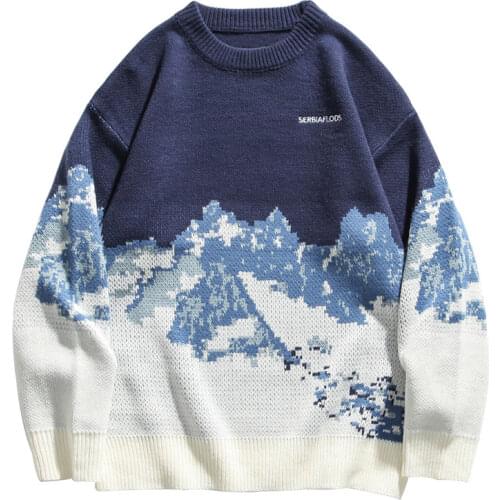 Autumn Winter Snow Mountain Letter print Knitted sweater men Long sleeve O neck blue black Pullover Oversized Male sweaters