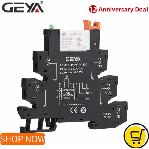 GEYA Slim Relay Module Protection Circuit 6A Relay 12VDC/AC or 24VDC/AC OR 230VAC Relay Socket 6.2mm thickness