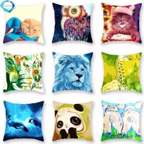 Cartoon Cat Giraffe Lion Pig Animal Print Decorative Pillowcase Home Sofa Square Polyester Pillow Cover Cushion Cover 45x45cm