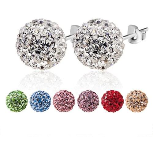 Silver Color Ear Stud Earrings Shiny Rhinestone Crystal Zircon Ball Shape Earring + Silicone Plug