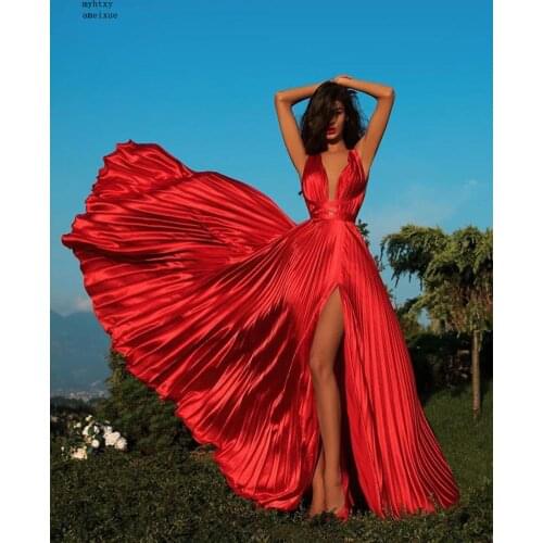 Robe De Soiree Red Slit Long Evening Dresses 2020 Sexy V-Neck Draped Formal Party Dress for Wedding Party Sleeveless Prom Gowns