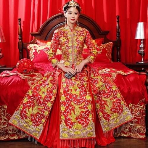 Gorgeous Red Chinese Wedding Bride Cheongsam Traditional marry Evening Dress Dragon phoenix Gown Embroidery Qipao