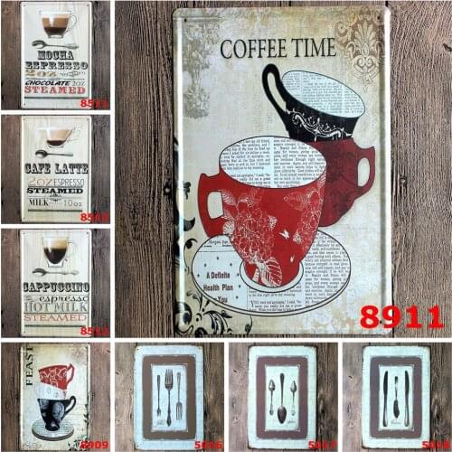 Coffee Time Vintage Metal Plaques of Mocha Espresso Cafe Latte Cappuccino Feast Tableware for Cafe Kitchen Restaurant Decoration