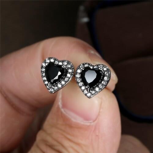 Vintage Black Stone Earrings Cute Heart Stud Earrings For Women Wedding Jewelry Retro Yellow/Black Gold Crystal Zircon Earrings
