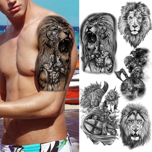 3D Black Lion Tribe Temporary Tattoos For Men Adult Shield Owl Warrior Realistic Fake Tattoo Body Art Washable Half Sleeve Tatoo