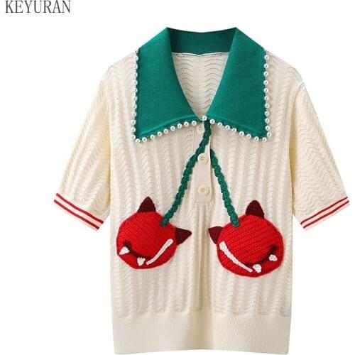 Women Knitted T-shirts Female 2021 Summer New Cherry Pearl Short-sleeved Retro Hit Color Thin Sweater Tees Woman Tshirts Tops