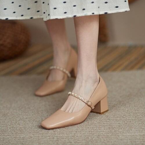 Temperament literary lady all-match pearl square head shallow mouth Mary Jane shoes thick high heels