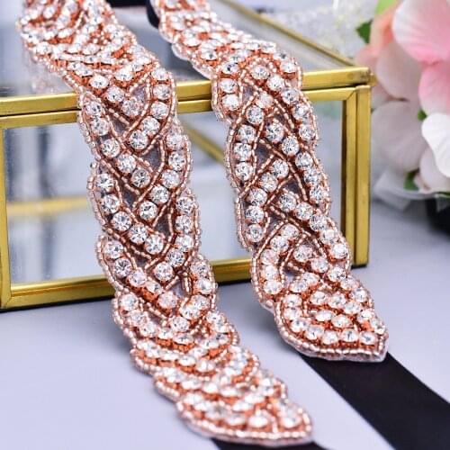 TRiXY S216-RG Rose Gold Rhinestone Sash Applique Bridesmaid Fancy Belt Simple Rhinestone Belt Diamond Sash Bride Bridal Belt