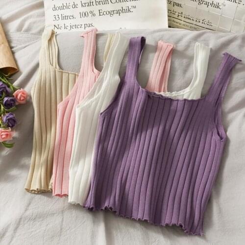 ATHVOTAR Women Square Neck Crop Top Female Summer Crop Tank Tops Solid Color Lady Knitting Crop Top Flounce Hem Tank Tops 2021