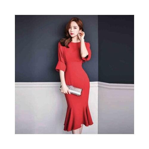 2021 New Spring High Quality Luxury Runway Dress Women Batwing Sleeve Red Fishtail Package Buttocks Dresses Vestidos