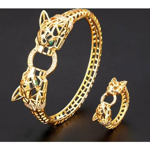 Zlxgirl High-end hollow design leopard head bracelet ring set for women and men gift Perfct paved cubic zircon copper bracelet