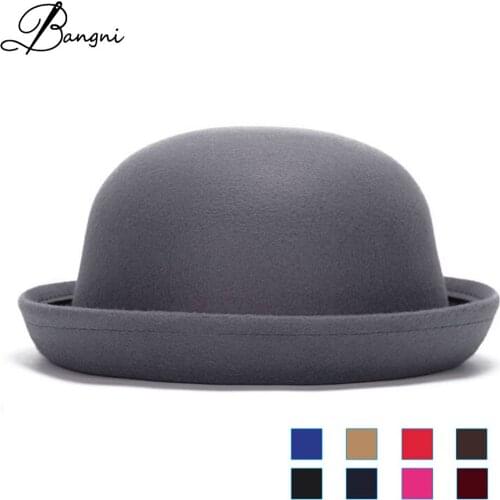 2017 Fall Winter Women Girls Fedoras Hat British Vintage Wool Felt Hats Chapeau Top Church Cap Black Red Solid Bowler Caps
