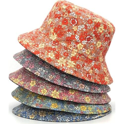 2021 Fashion Floral Print Cotton Bucket Hat Women Double Side Reversible Cap Female Panama Fisherman Hats Spring Summer