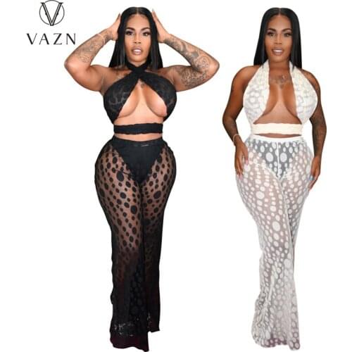 VAZN 2021 New Design Street Style Sexy Sleeveless Halter Lace Up 2 Piece Set Solid Bandage Women Top And Pant Summer