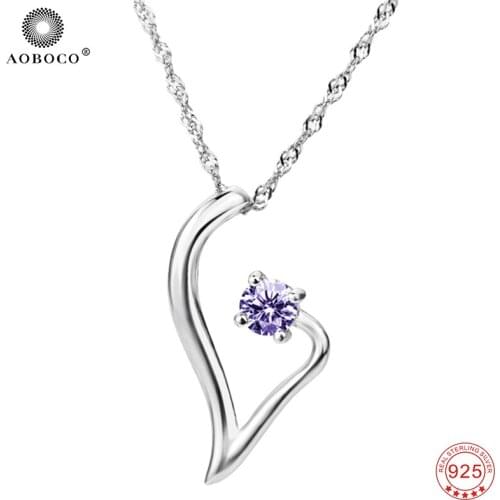 AOBOCO 925 Sterling Silver Pendants Necklaces Choker Shiny Purple Cubic Zirconia Pendant Fine Jewelry Necklace For Women GNX0594