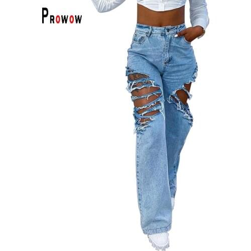 Prowow Fashion Ripped Broken Hole Women Jeans High Waisted Slim Denim Pant for Party Nightclub 2021 New Summer Female Trousers