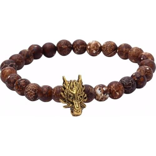 European & American Men Bracelets Antique Gold Wolf Head Charm Bracelets 8mm Weathering Stone Beads & Wolf Head Connector Women