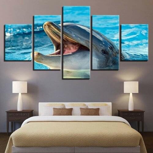 Happy Dolphin Animal 5 Panel Canvas Picture Print Wall Art Canvas Painting Wall Decor for Living Room Poster No Framed