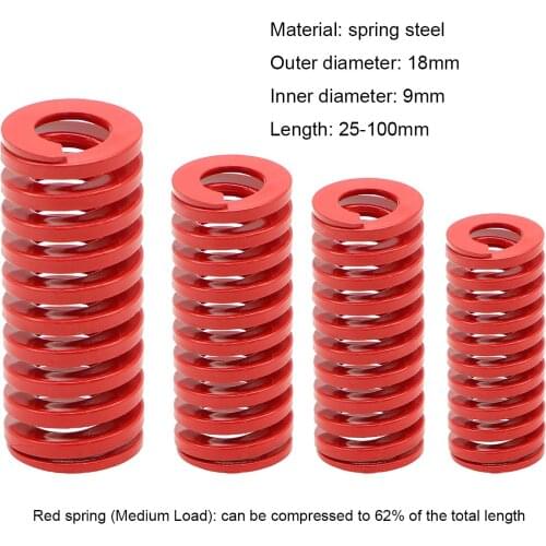 Red Medium Load Press Compression Spring Loading Die Mold Spring Outer Diameter 18mm x Inner Diameter 9mm x Length 25-100mm
