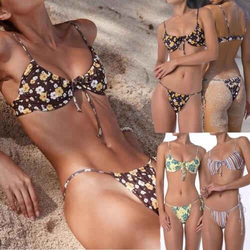 Low Waist Women Tow-Piece Swimsuit Print Stripe Strappy Bikini Set Beachwear Girls Ladies Summer Sling Thong Bottoms Swimwear