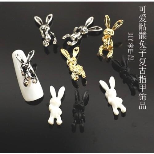 50pcs/Pack Japan Korea Alloy Nail Art Parts Charms Decals Retro Gold Silver Skull Rabbit 3D DIY Metal Accessories Sticker Tools