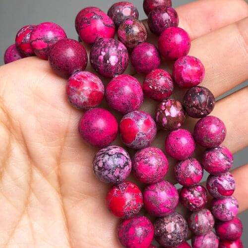 Natural Stone Fuschia Sea Sediment Jaspers Round Loose Spacer Beads For DIY Jewelry Making Bracelet 15'' Pick Size 6 8 10mm