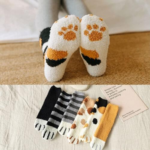Autumn and Winter Coral Fleece Socks 1 Pair of Fuzzy Thick Warm Sleeping Socks Cat Claws 2021 Plush Cat Female Tube Stockings