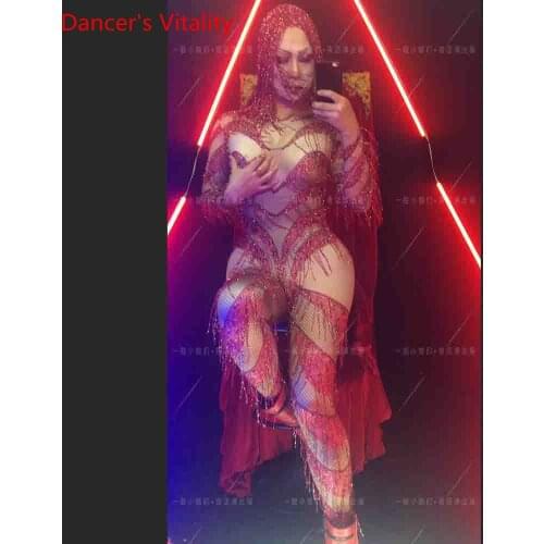 New Year Nightclub Bar New Red Tassel Sexy Stage Wear DJ Pole Dance Women Singer DS False Perspective Body Suit Performance Set