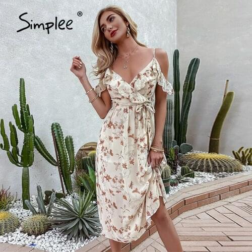 Simplee Off shoulder floral print summer dress women casual Spring strapless holiday A-line slip dresses V-neck midi dress 2021