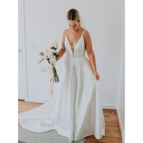 A Line Wedding Dress Satin Bridal Gowns Spaghetti Straps Plunging Sweetheart Pockets Vestido De Noiva Custom