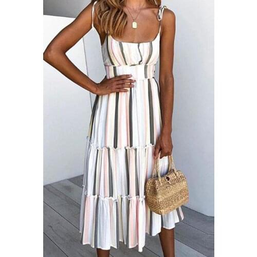 Women Sexy Striped Summer Dress Backless Spaghetti Strap Print A-Line Beach Boho Midi Dresses