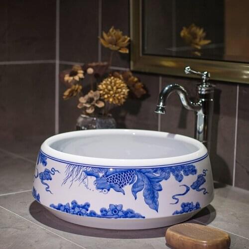 Europe style chinese washbasin sink Jingdezhen Art Counter Top ceramic wash basin blue and white bathroom sinks