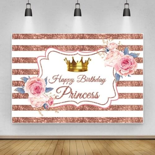 Pink White Stripes Birthday Backdrop For Photography Gold Crown Flowers Customized Birthday Party Banner Poster Photo Background