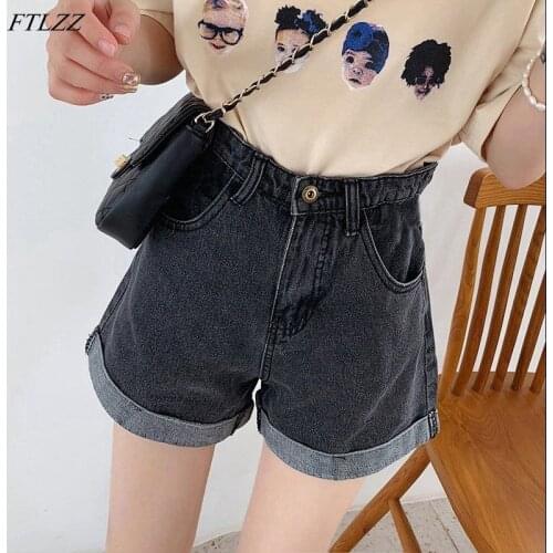 FTLZZ New Summer Women Vintage Wide Leg Blue Denim Shorts Casual Female Streetwear Loose Solod Color Jeans Shorts