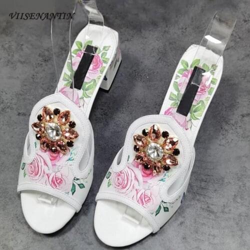 Rhinestone flower plus size slippers summer fashion white mid-heel round toe thick heel high-heel slippers