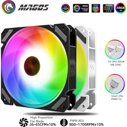 Water Cooling Fan ARGB, 4Pin PWM Smart TEMP. Control, Radiator Fan, 5V ARGB MB SYNC,Black /White