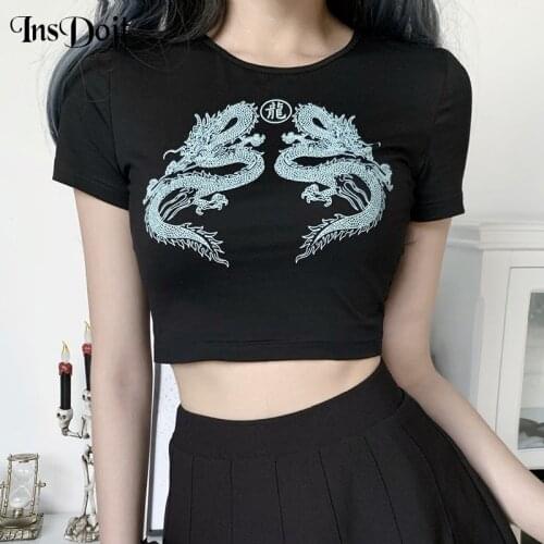 InsDoit Streetwear Sexy Bodycon Black T-shirts Women Gothic Harajuku Vintage Tees Dragon Print Short Sleeve O-neck Short Tops
