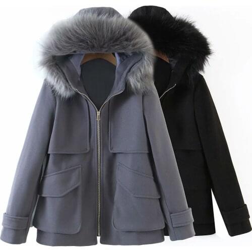 Fad New Fall Winter Women Jacket Faux Fur Collar Hooded Coat Thick Warm Vogue High Street Woman Outfits Tops