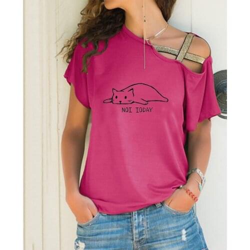 Womens new fashion T-shirt sexy diagonal collar T-shirt printing short-sleeved T-shirt casual loose strapless T-shirt women