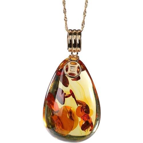 S925 sterling silver gold plated Natural Amber Piebald amber Retro Drop-shaped Coins Ladies Sweater chain Pendant