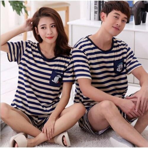 CR 2017 Women Knitted Cotton Sleepwear Men Comfortable Summer Pajama 6 Style Striped Underwear Nightwear iT361