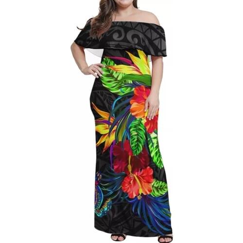 Hycool Trendy Hawaii Style Plus Size Clothing Polynesia Tribal Off Shoulder Skirt Women Ruffle Short Sleeve Floral Print Dresses