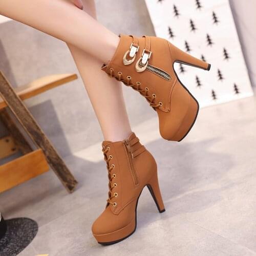Plus Size 35-43 Platform Boots Autumn Winter Women Boots High Quality Solid Lace-up European Ladies shoes PU Leather 358