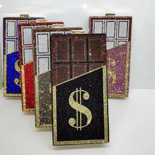 High-End Red/Blue 4 Colors Chocolate Shape Women Diamond Clutch Fashion US Signal Lady Crystal Long Chain Phone Bag Party Purses