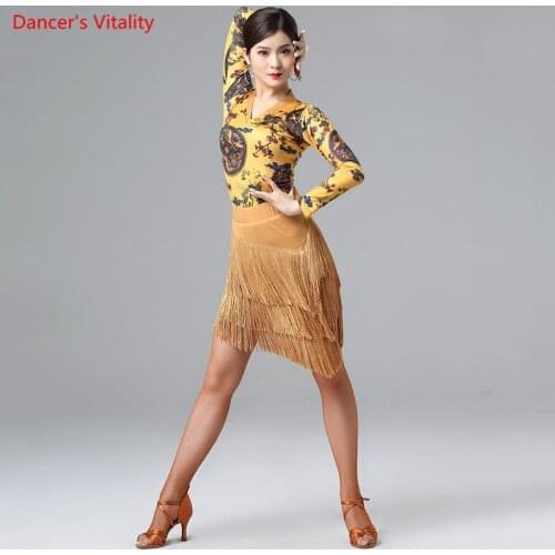 Latin Dance Practice Clothes Female adult temperament Top Modern Ballroom Dancing Performance Long-Sleeved Shirt Tassel Skirt