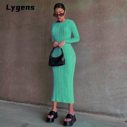 Lygens 2021 Autumn Winter Women Solid Long Sleeve Sweater Knitted Midi Dress O Neck Bodycon Party Elegant Streetwear Clothes