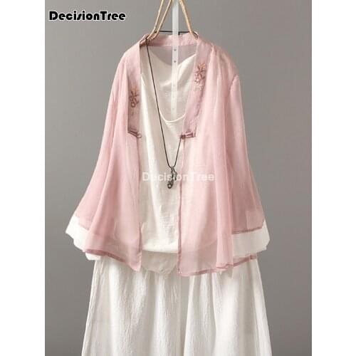 2021 womens chinese kimono cardigan floral printing qipao shirt hanfu top retro chinese traditional satin qipao blouse