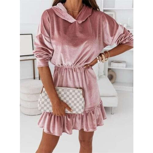 Women Autumn Winter Solid Color A-Line Dresses Robe Femme Ruffles Long Sleeve Elastic Waist Velvet Warm Dress For Woman Vestidos