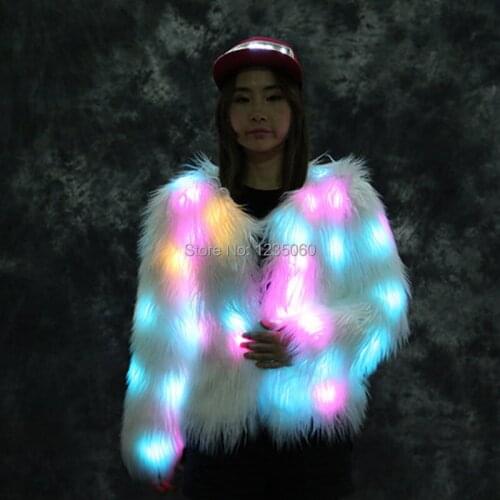 Women Faux Fur Coat Valentine Gift LED Multi-Color Warm Hoodie Vest With Shiny Lights Jacket Light Up Costum