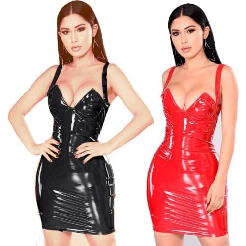Wetlook PVC Plus Size PU Dress for Women 4XL 5XL 6XL Sexy V Neck Bodycon Party Club Faux Leather Mini Dresses 2020 Vestidos Ddlg
